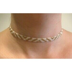 Loom Beaded Chocker Necklace Pearl & Gold